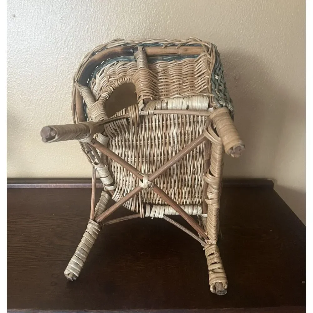 Vtg Beige Rattan Wicker Doll Rocker Cottage Style American‎ Girl Size Boho Decor